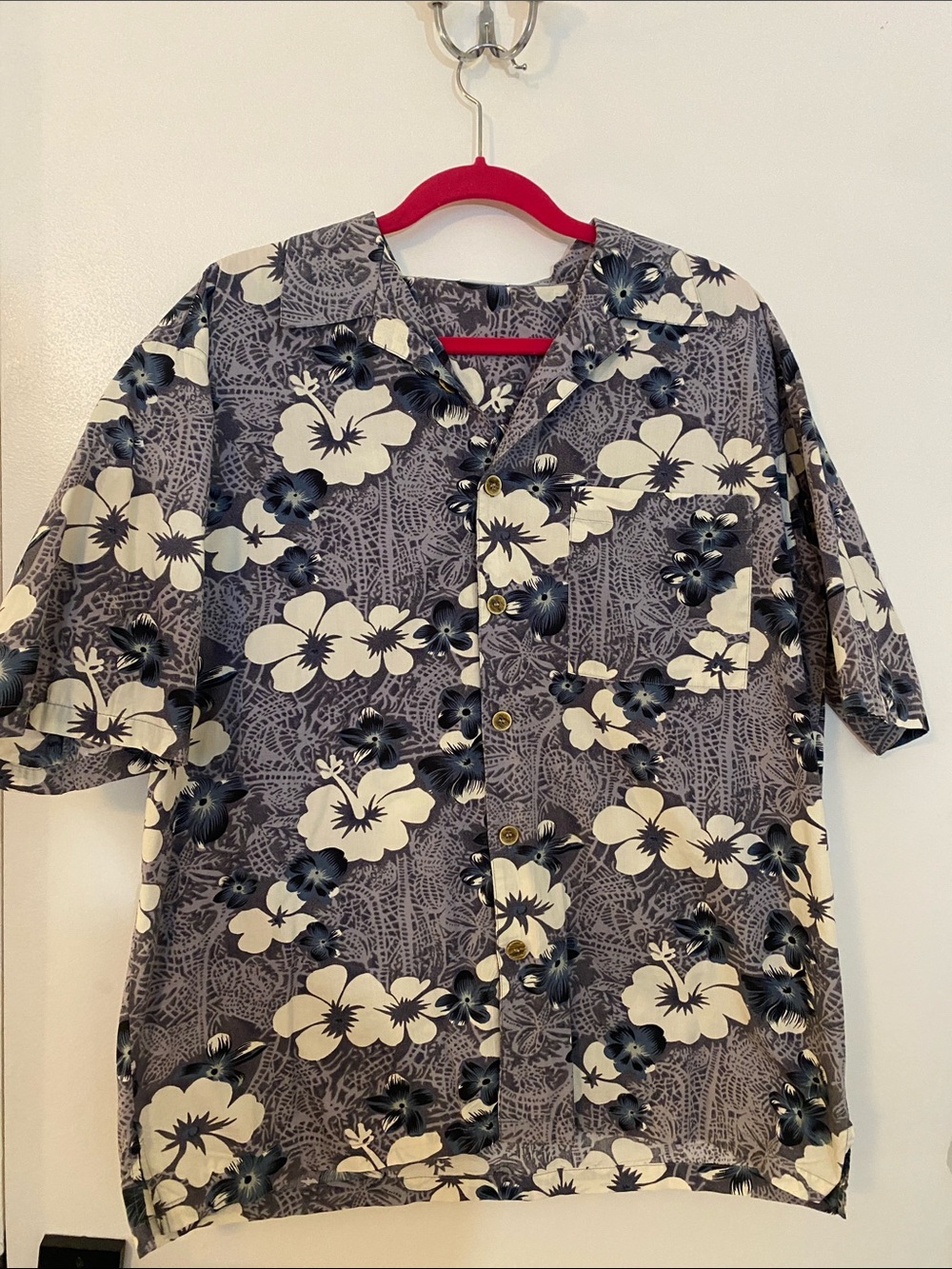 Vintage Ocean Pacific OP Hawaiian Aloha Shirt Men’s Large Blue Floral Hibiscus